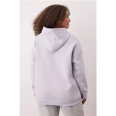 Lila Kapüşonlu Slogan Detaylı İçi Polar Kalın Örme Sweatshirt TBBAW24AO00018
