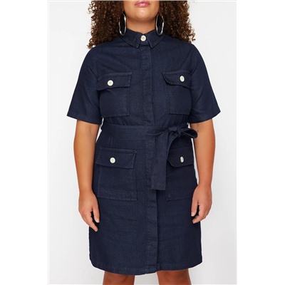 Koyu Mavi Kuşak Detaylı Mini Denim Gömlek Elbise TBBSS24AH00124