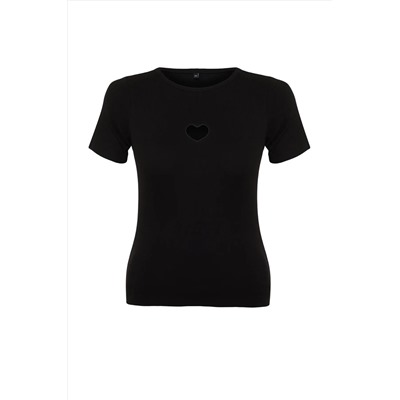 Siyah Slim Fit Kalpli Cut-Out Detaylı Fitilli %100 Pamuk Örme Büyük Beden T-shirt TBBSS24BF00006