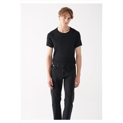 Mavi Bisiklet Yaka Siyah Basic Tişört Fitted / Vücuda Oturan Kesim 06605902