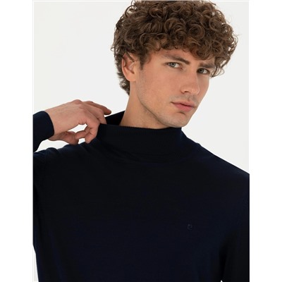 Lacivert Slim Fit Balıkçı Yaka Basic Triko Kazak