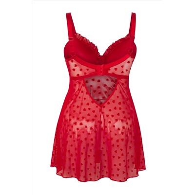 Kırmızı Sabit Kaplı Ayarlanabilir Askılı Flok Kalp Desenli Büyük Beden Babydoll TBBSS25DH00000