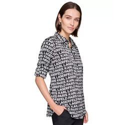 KARL LAGERFELD PARIS Petite Logo Print Roll-Tab-Sleeves Button-Front Shirt, First@Macy's