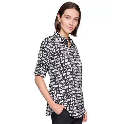 KARL LAGERFELD PARIS Petite Logo Print Roll-Tab-Sleeves Button-Front Shirt, First@Macy's