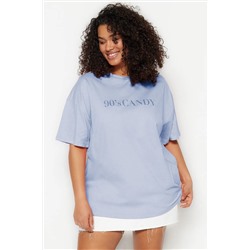 Mavi Geniş Kalıp Baskılı Bisiklet Yaka %100 Pamuk Örme T-shirt TBBSS23BF00015