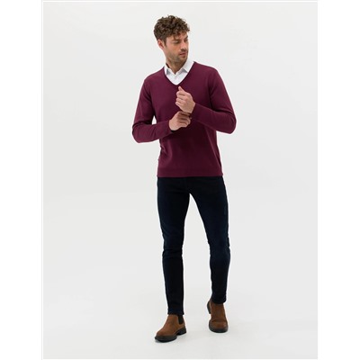 Bordo Slim Fit V Yaka Basic Triko Kazak