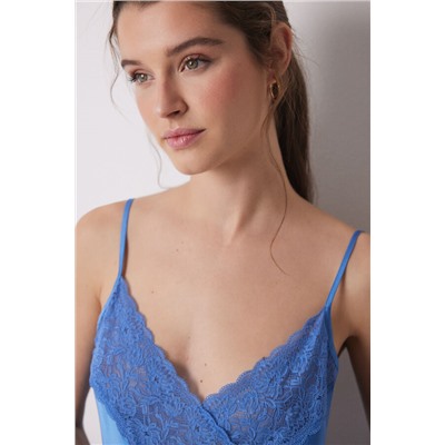 Camisón corto satén y encaje azul