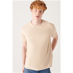 Bej %100 Pamuk Nefes Alan Bisiklet Yaka T-Shirt