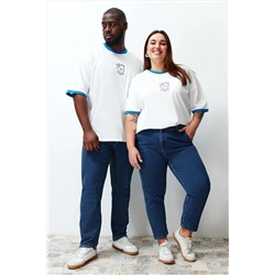Ekru Unisex Oversize Rahat %100 Pamuklu Couple Örme T-Shirt TBBSS24BF00033