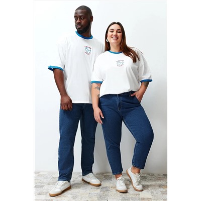 Ekru Unisex Oversize Rahat %100 Pamuklu Couple Örme T-Shirt TBBSS24BF00033