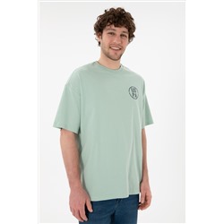 Erkek Oversize Fit Bisiklet Yaka Su Yeşili Tişört