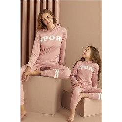 Siyah İnci Pudra Pamuklu Likralı Kapişonlu Pijama Takım 22263313