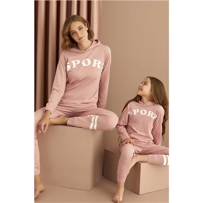 Siyah İnci Pudra Pamuklu Likralı Kapişonlu Pijama Takım 22263313