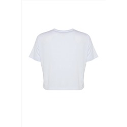 Beyaz Regular Bisiklet Yaka Dikiş Detaylı %100 Pamuk Örme Crop Büyük Beden T-Shirt TBBSS23BF00037