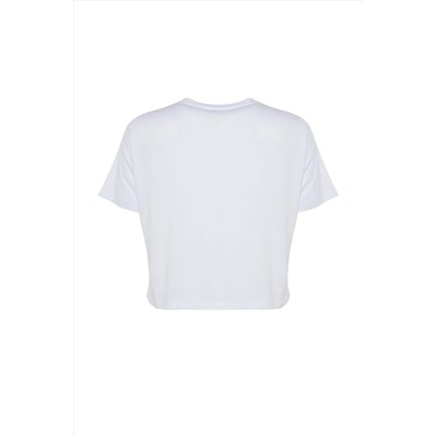 Beyaz Regular Bisiklet Yaka Dikiş Detaylı %100 Pamuk Örme Crop Büyük Beden T-Shirt TBBSS23BF00037