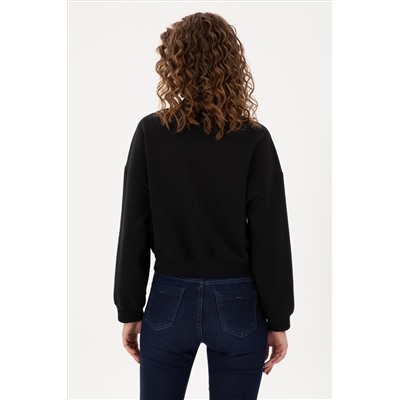 Kadın Siyah Bisiklet Yaka Fermuarlı Sweatshirt