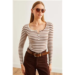 Olalook Kadın Kalın Fitilli Acı Kahve Patlı Kaşkorse Bluz BLZ-19000588