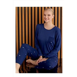 bie's Kadın Lacivert Desenli Bisiklet Yaka Göğüs Cepli Bambu Uzun Kol Viskon Mevsimlik Pijama Takımı PRA-9432109-224168