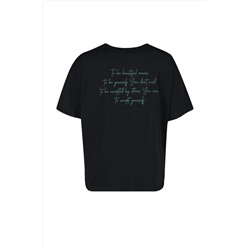 Siyah Bisiklet Yaka Baskılı %100 Pamuk Örme T-Shirt TBBSS23BF00024