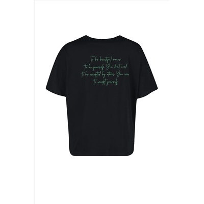 Siyah Bisiklet Yaka Baskılı %100 Pamuk Örme T-Shirt TBBSS23BF00024