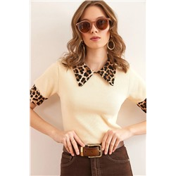 Olalook, Kadın Bej Leopar Gömlek Yaka Esnek Pamuk Bluz BLZ-19002869