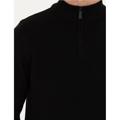 Siyah Slim Fit Fermuarlı Dik Yaka Triko Kazak