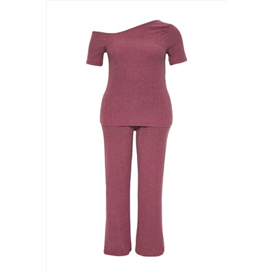 Mürdüm Asimetrik Yaka Fitted Bürümcük Dokulu Kumaş Örme Büyük Beden Alt-Üst Takım TBBSS25CP00006