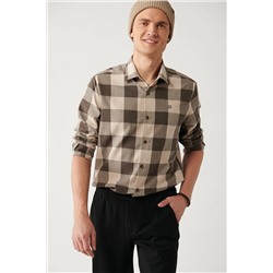 Avva Erkek Kahverengi Klasik Yaka Ekose Desenli Flanel Comfort Fit Gömlek A32Y2105
