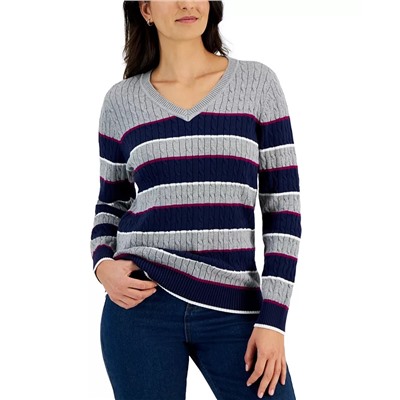 KAREN SCOTT Gianna Cotton Striped Cable V-Neck Sweater, Created for Macy's