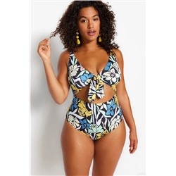 Trendyol Curve Çok Renkli Derin V Cut Out Bağlama Detaylı Floral Desenli Büyük Beden Mayo TBBSS23AM00008