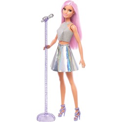 Barbie Pop Star Fashion Doll with Pink Hair & Brown Eyes, Iridescent Skirt & Microphone Accessory