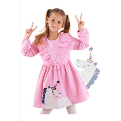 Denokids, Simli Unicorn Kız Çocuk Pembe Elbise