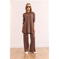 Olalook Kadın Vizon Üst Yırtmaçlı Bluz Alt Palazzo Fitilli Takım TKM-19000180