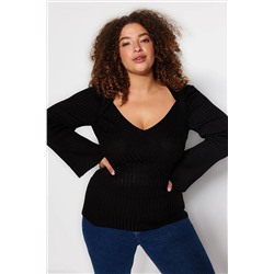 Trendyol Curve Siyah Geniş Yaka Fitilli Triko Kazak TBBAW24AN00033
