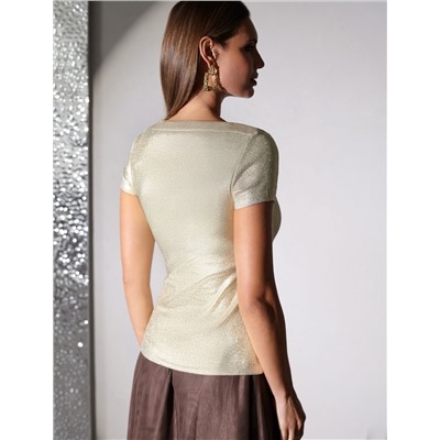 Футболка облегающая из хлопка в рубчик с вырезом лодочка с матовым покрытием металлик