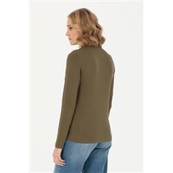 Kadın Haki Polo Yaka Basic Sweatshirt