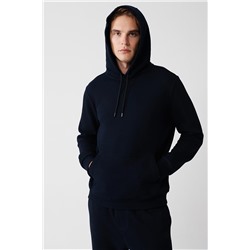 Lacivert Kapüşonlu Yaka İçi Polarlı 3 İplik Pamuklu Regular Fit Standart Kesim Unisex Sweatshirt