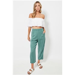 Pantalón slim fit de lino cintura alta - Kaki
