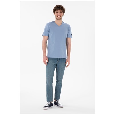 Erkek Regular Fit  V Yaka Mavi Basic Tişört