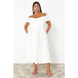 Beyaz Madonna Yaka Dokuma Büyük Beden Abiye/Bridal/Nikah/Nişan/Gece Elbisesi TBBSS24AH00117