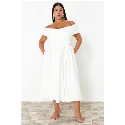 Beyaz Madonna Yaka Dokuma Büyük Beden Abiye/Bridal/Nikah/Nişan/Gece Elbisesi TBBSS24AH00117