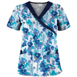 UA Floral Zen Navy Mock Wrap Scrub Top