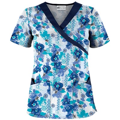 UA Floral Zen Navy Mock Wrap Scrub Top
