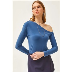 Olalook, Kadın İndigo Asimetrik Yaka Likralı Sandy Bluz BLZ-19002484