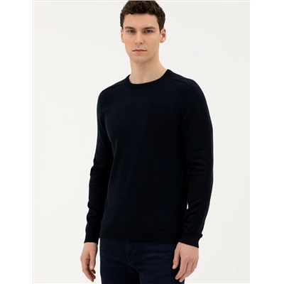 Koyu Lacivert Slim Fit Bisiklet Yaka Triko Kazak
