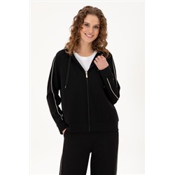Kadın Siyah Kapüşonlu Fermuarlı Sweatshirt