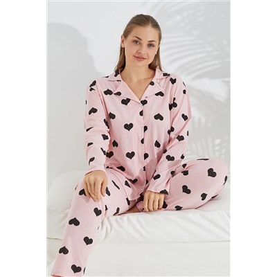 Siyah İnci somon kalp desen Curve Büyük Beden Battal boy Düğmeli Pamuklu Pijama Takımı 7617