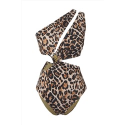 Trendyolmilla Leopar Desenli Tek Omuz Tünelli Cut Out/Pencereli Regular Core Mayokini TBESS23MA00206