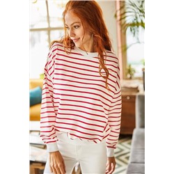 Olalook Kadın Beyaz Bordo Çizgili Basic Yumuşak Dokulu Salaş Sweatshirt SWT-19000457