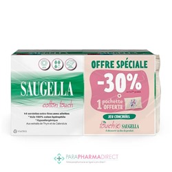 Saugella Cotton Touch Lot de 2x14 Serviettes Extra-Fines avec Ailettes Jour + 1 Pochette OFFERTE